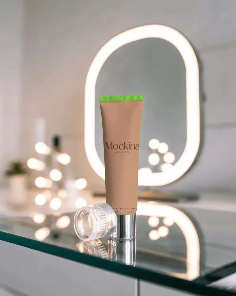 Sleek Tube Mockup On Reflective Surface With Modern Vanity Mirror Background