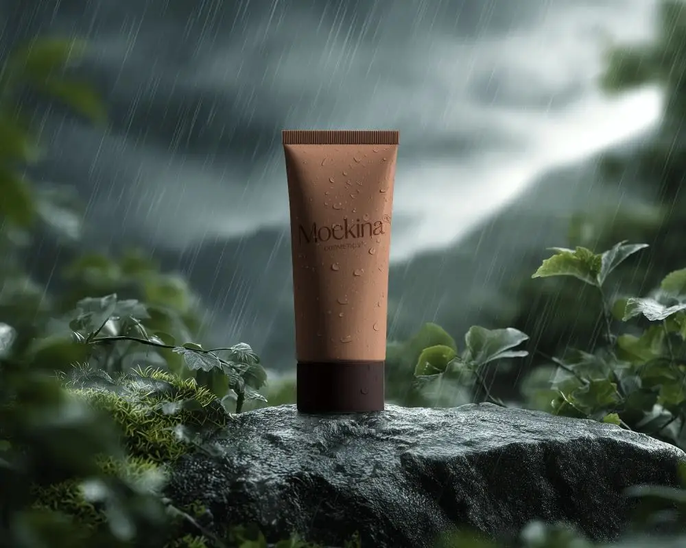 Sleek Tube Mockup In Outdoor Rainy Setting With Leaves And Rock Texture