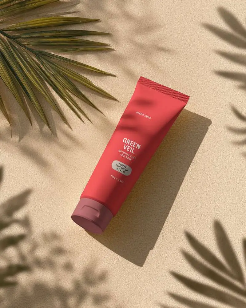 Realistic Skincare Cream Tube Mockup On Textured Surface With Leaf Shadows Overhead