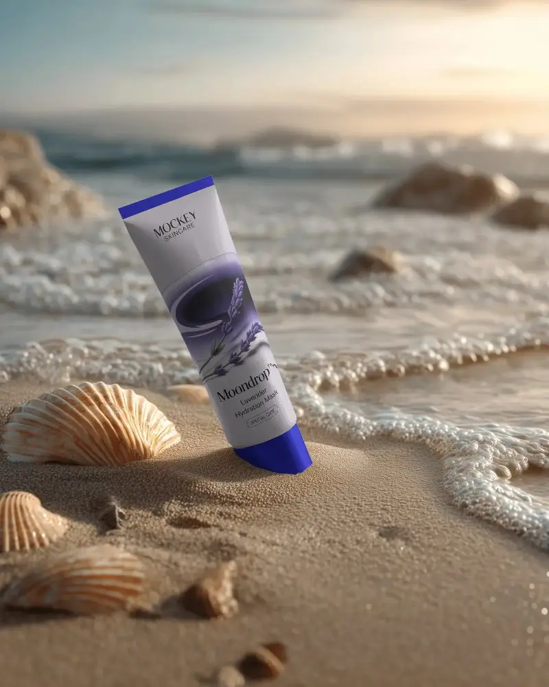 Skincare Product Tube Mockup Posed In Natural Beach Setting With Smooth Sand
