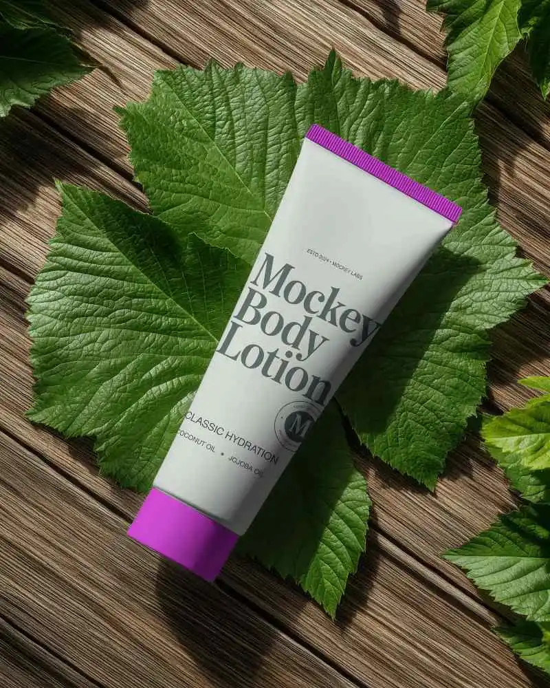 Eco Friendly Skincare Tube Mockup Packaging On Natural Wooden Surface With Green Leaves