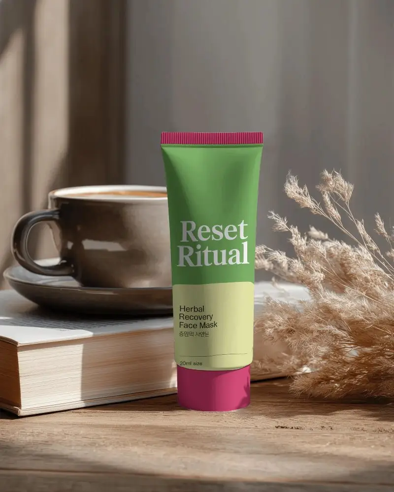 Minimalistic Skin Care Tube Mockup On Wooden Table With Nature Inspired Background Elements