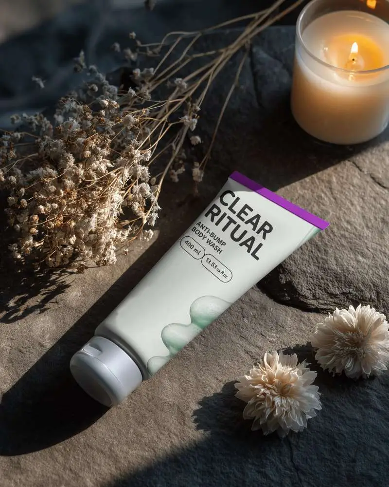 Premium Skincare Tube Mockup On Stone Surface With Dried Flowers And Candlelight