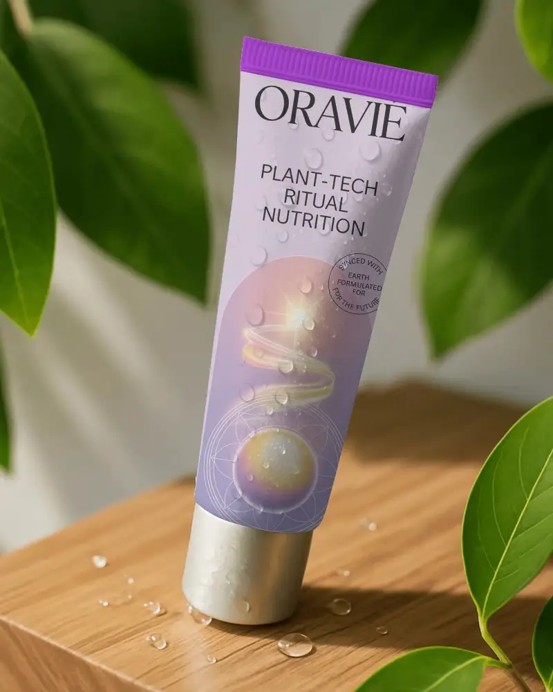 Skincare Cream Tube Mockup With Moisture Droplets On Natural Wooden Surface And Green Leaves