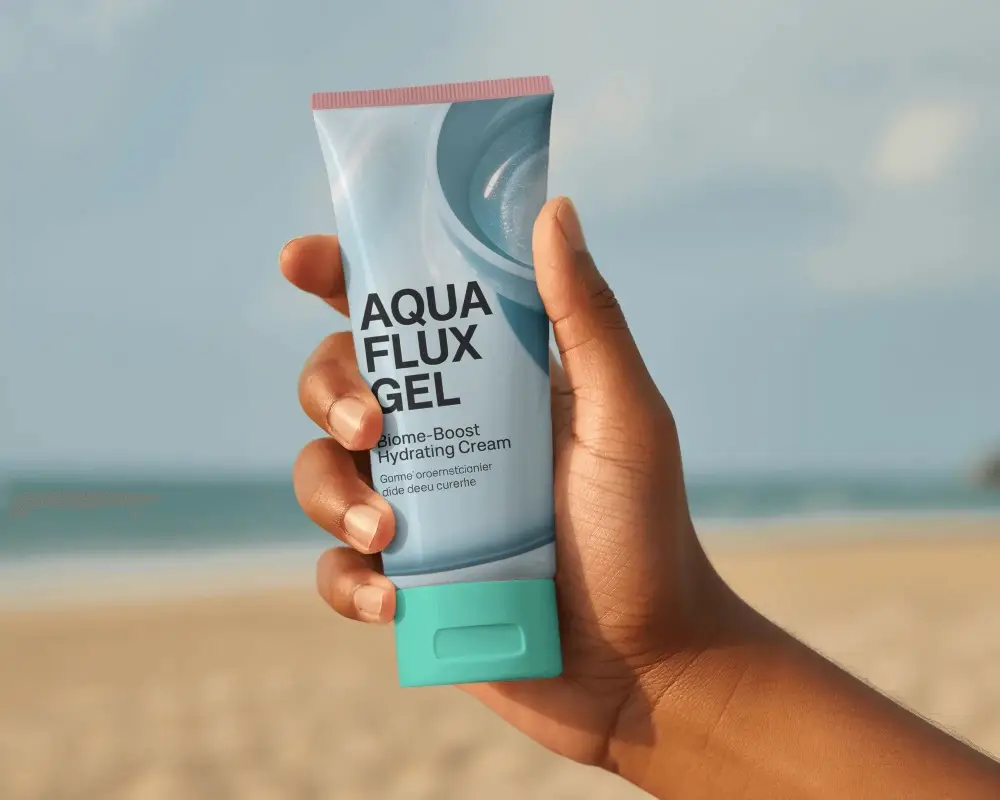 Cosmetic Tube Mockup Held In Hand Outdoor For Sunscreen Or Body Lotion Product Visualization