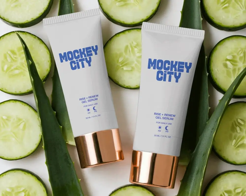 Natural Skincare Tube Mockup With Organic Cucumber And Aloe Vera Leaves Background
