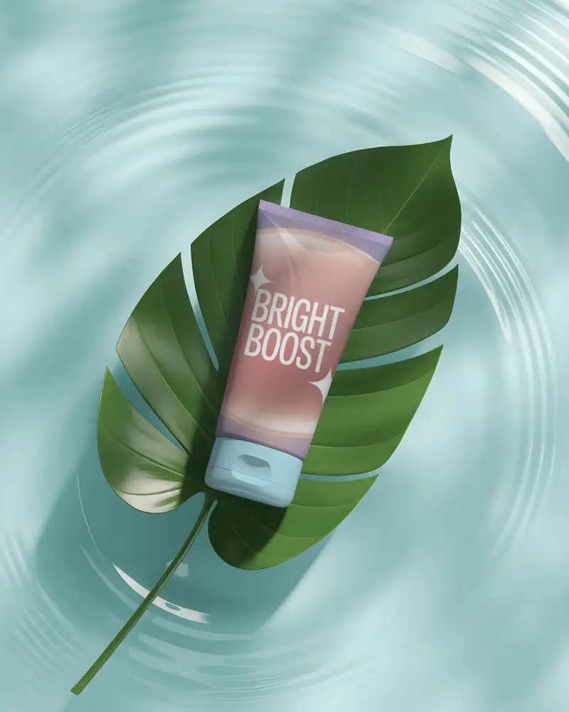 Natural Themed Skin Care Tube Mockup Sitting On Green Leaf With Soothing Water Background
