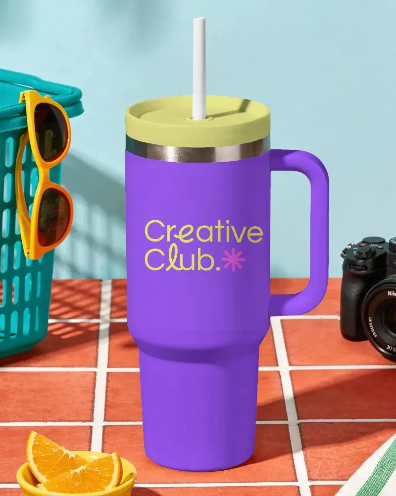 Durable Handled Travel Tumbler Mockup Showcasing Leakproof Lid And Reusable Straw