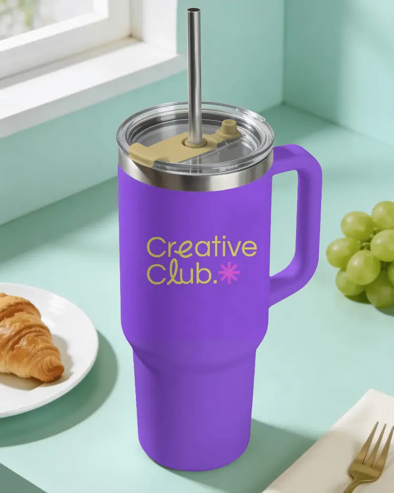 Large Stainless Steel Handle Tumbler Mockup With Reusable Straw And Spill Proof Lid