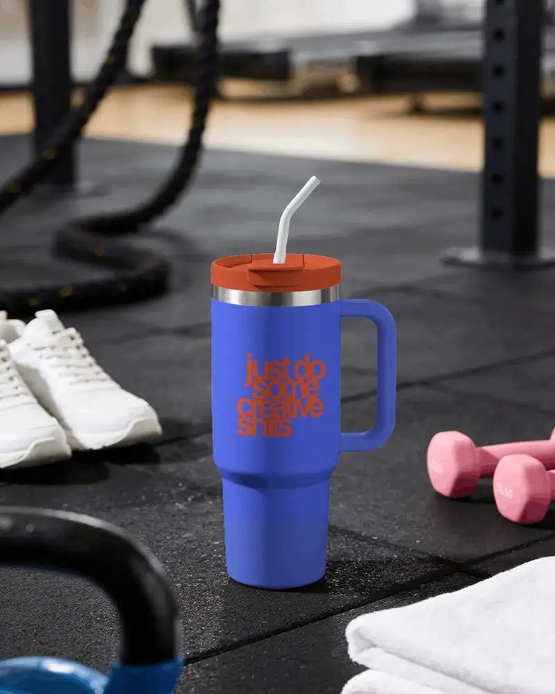 Stainless Steel Travel Tumbler Mockup With Handle And Sealed Lid For Easy Drinking