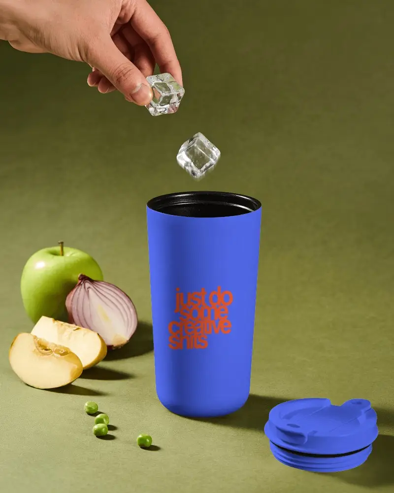 Minimal Tumbler Mockup With Floating Ice Cubes And Fresh Fruit Arrangement Green Studio Background