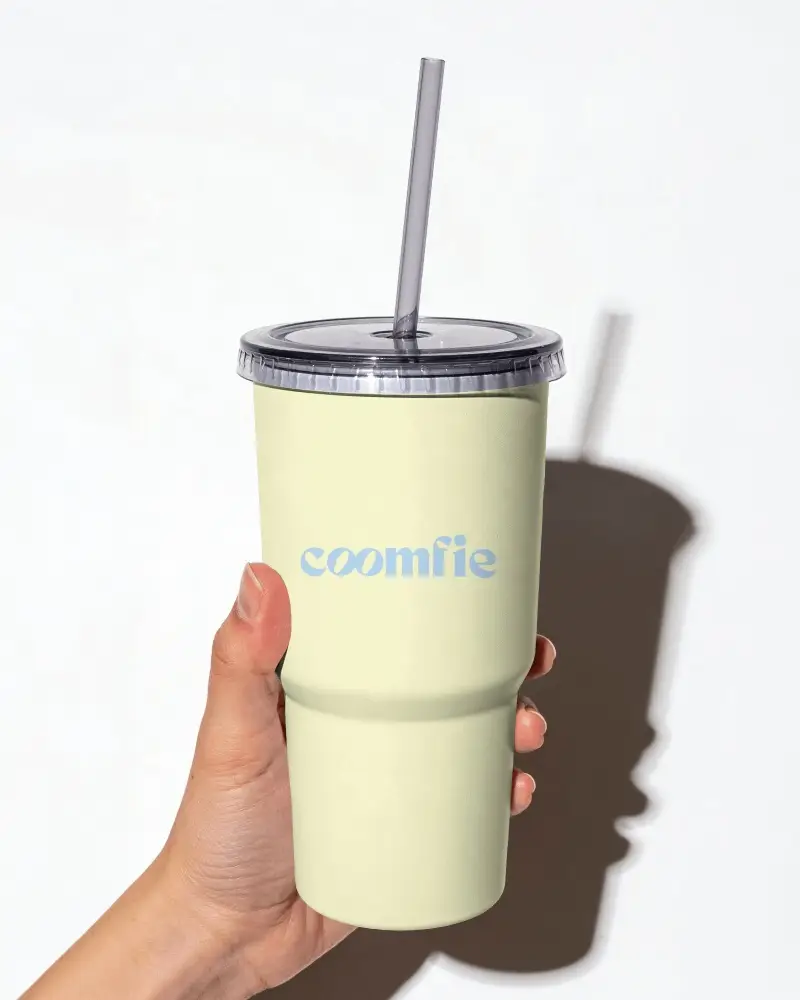 Handheld Tumbler Mockup With Straw Lid And Bright Sun Shadow On White Wall Crisp Wall Shadow