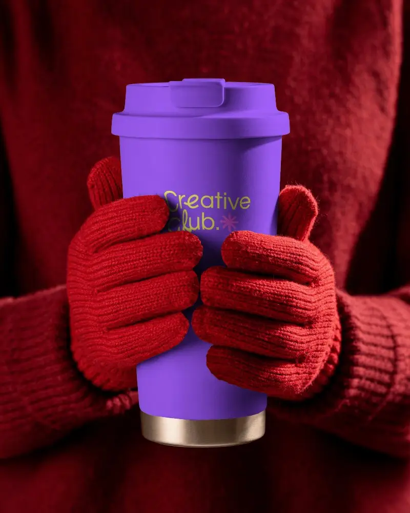 Winter Tumbler Mockup Held With Red Gloves And Cozy Red Knitwear Closeup Composition