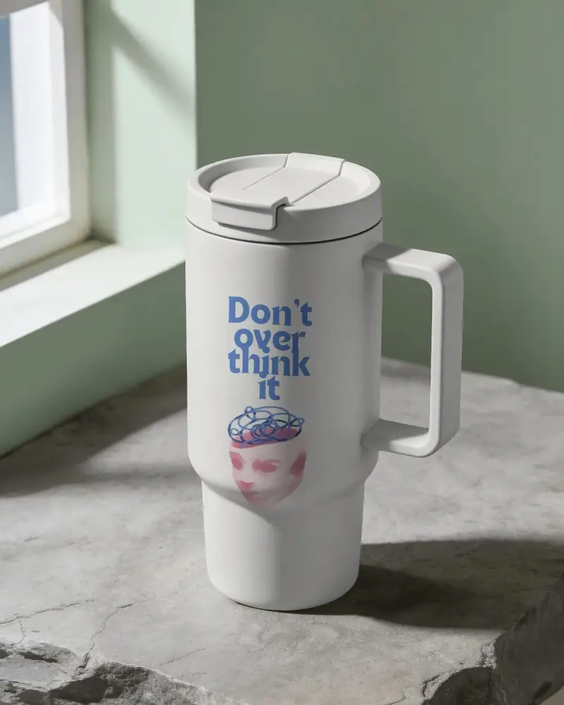 Premium Travel Tumbler Mockup With Side Handle And Minimal Window Light Natural Shadow