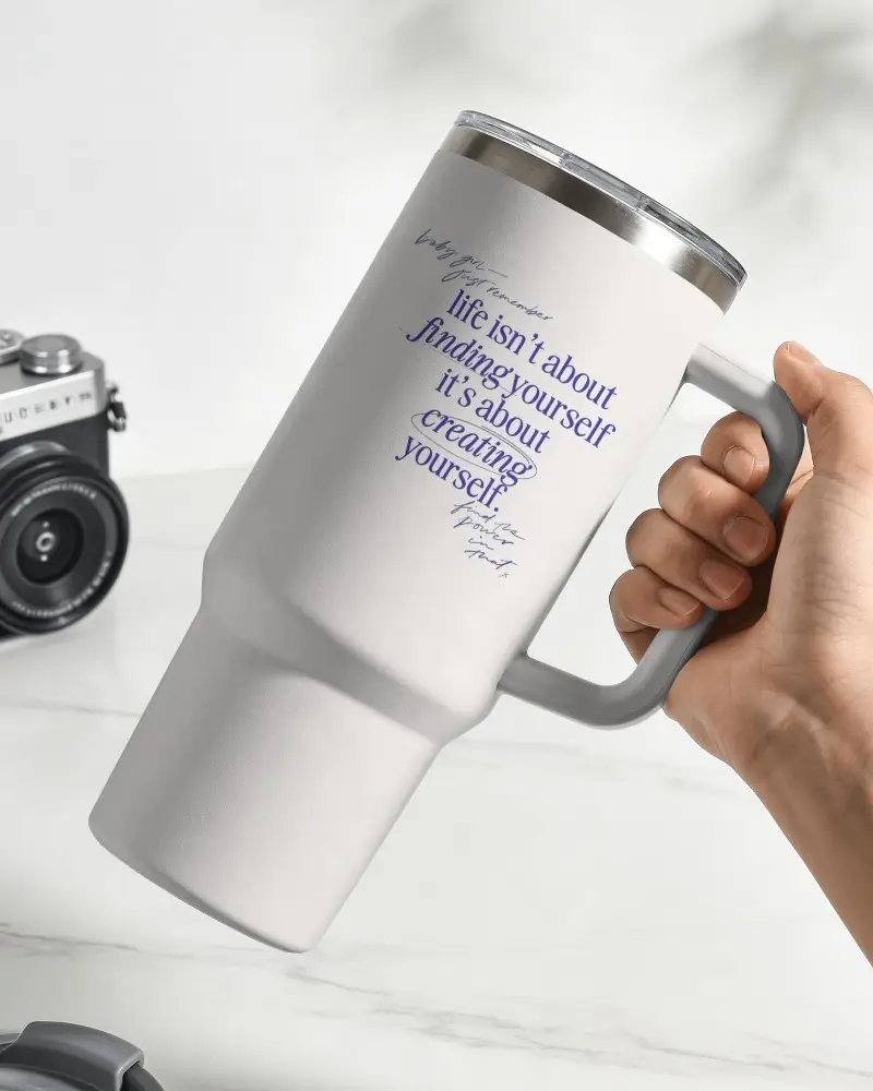 Handheld Handle Tumbler Mockup Tilted Angle With Camera Prop And Lifestyle Desk Setup
