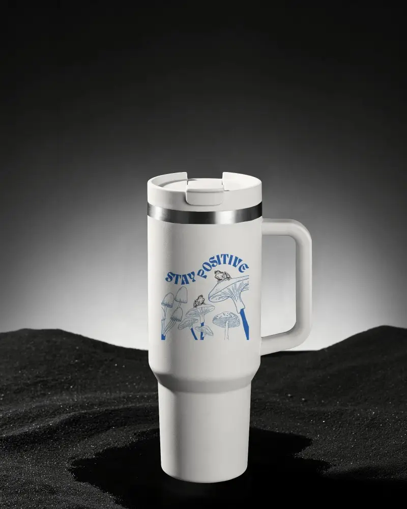 Realistic Insulated Tumbler Mockup Standing On Textured Black Sand Surface Minimal Studio