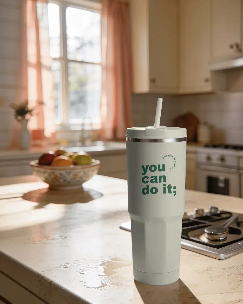 Kitchen Counter Tumbler Mockup With Straw And Soft Morning Window Light Soft Shadow Detail
