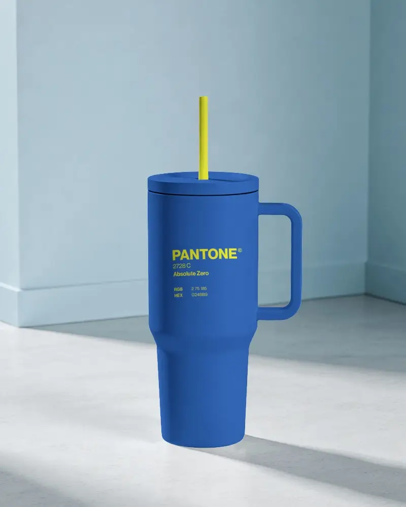 Modern Drinkware Tumbler Mockup In Pastel Blue Studio With Product Focus Window Shadow