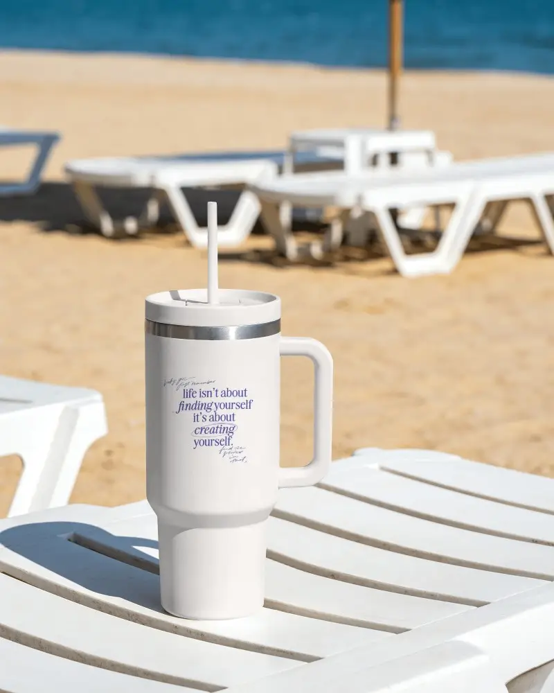 Premium Summer Tumbler Mockup On Poolside Chair With Sandy Beach Resort Seating