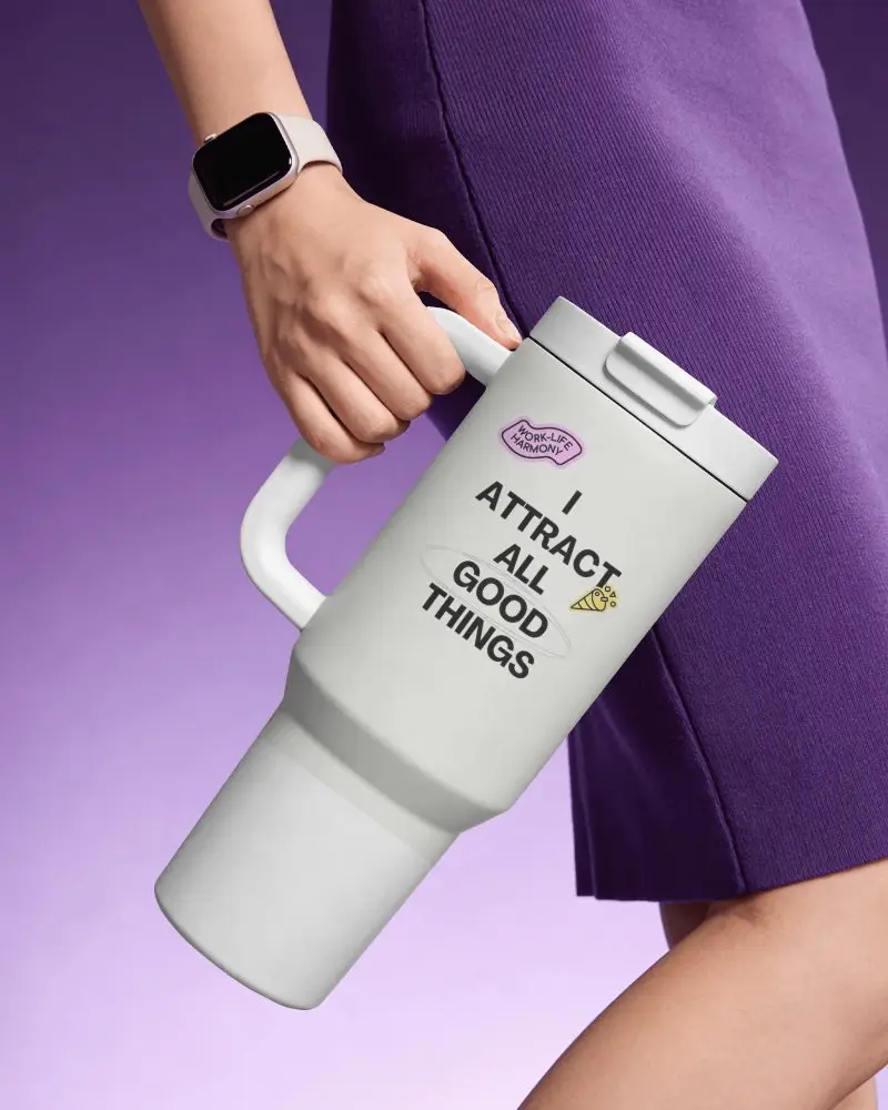 Fitness Tumbler Mockup Held By Handle With Smartwatch Purple Activewear Gradient Purple Backdrop