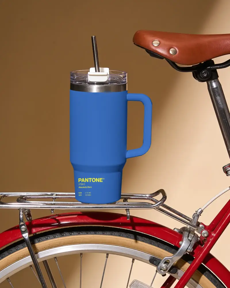 Insulated Stainless Steel Travel Tumbler Mockup With Handle And Clear Lid For Outdoor Adventures