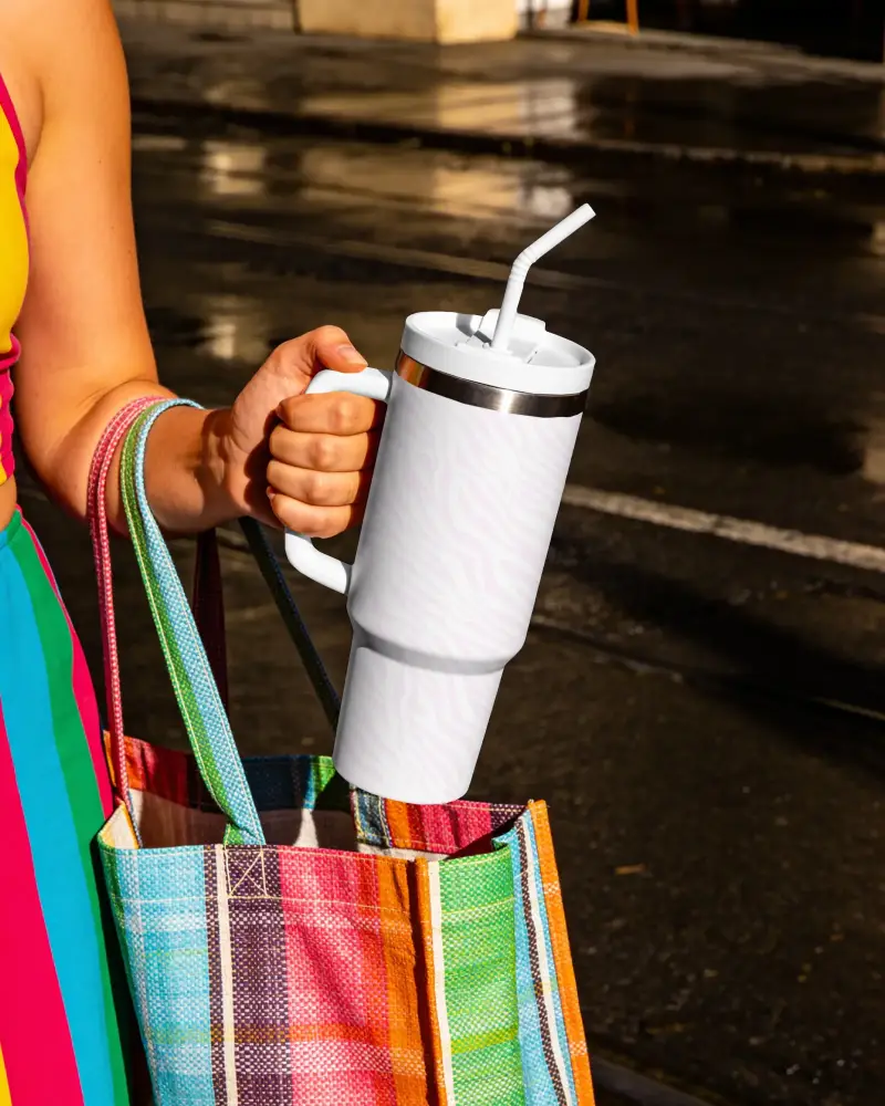 Travel Friendly Insulated Tumbler Mockup With Handle And Straw For Hot And Cold Beverages
