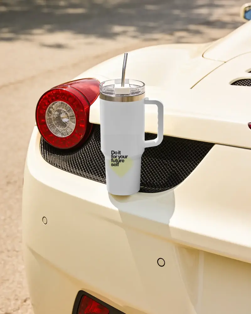 Insulated Coffee Tumbler Mockup With Straw And Easy Grip Handle Outdoor Usage