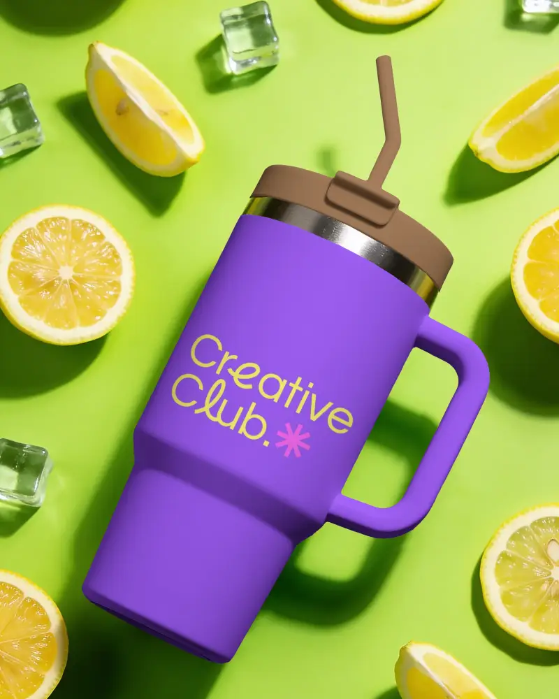 Insulated Stainless Steel Tumbler Mockup With Mug Handle And Straw For Outdoor And Travel Use
