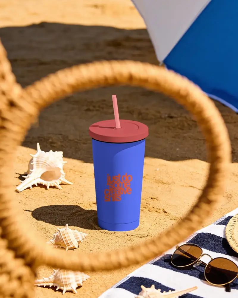 Reusable Tumbler Mockup With Lid And Straw On Sand Ideal For Beach Camping And Travel