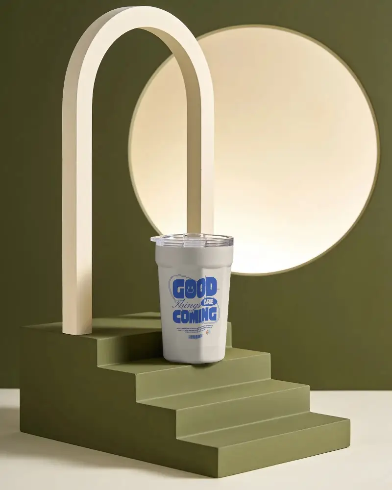 Modern Stylish Tumbler Mockup With Archway And Geometric Steps For Design Presentation