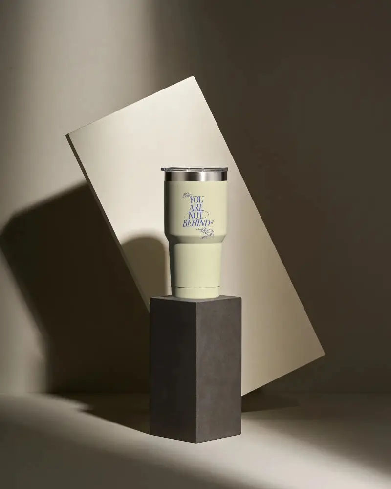 Sleek Travel Tumbler Mockup On Abstract Stand Simple Clean Design For Digital Presentations