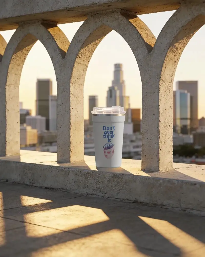 Eco Friendly Drink Tumbler Mockup Under Architectural Arches Modern Urban Setting
