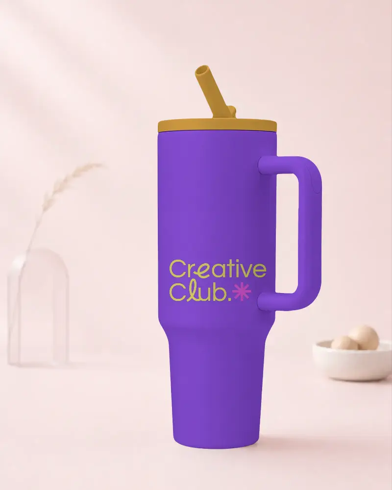 Spill Proof Sturdy Travel Tumbler Mockup With Easy Grip Handle And Reusable Straw Design