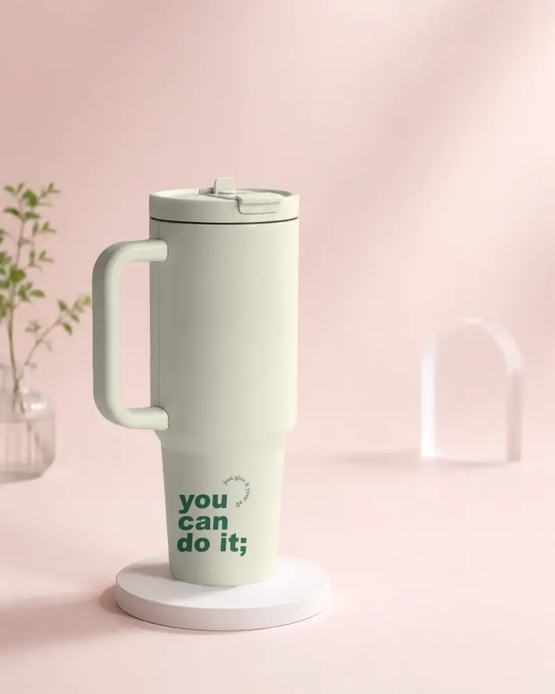 Durable Stainless Steel Tumbler Mockup With Ergonomic Handle And Sealed Drink Spout