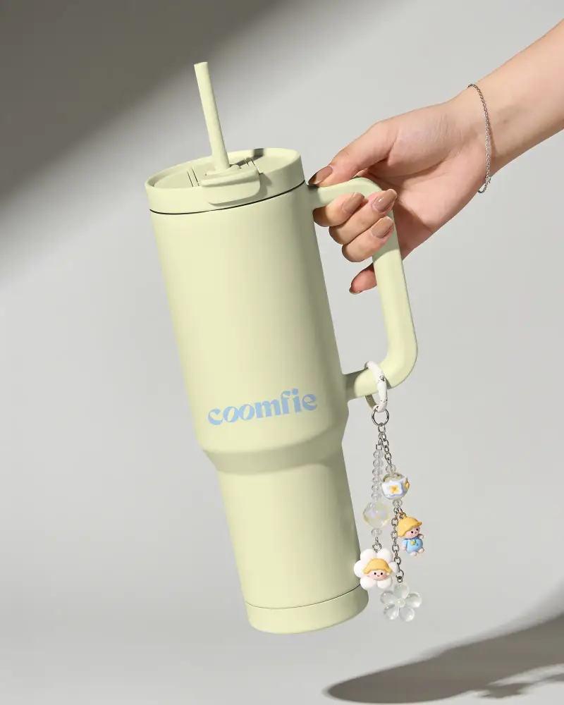Portable Stainless Steel Tumbler Mockup Ergonomic Handle And Decorative Charm Accessories