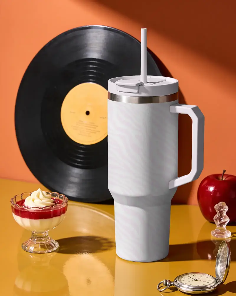 Stainless Steel Travel Tumbler Mockup Handle And Straw For Hot Cold Drink Insulated Cup