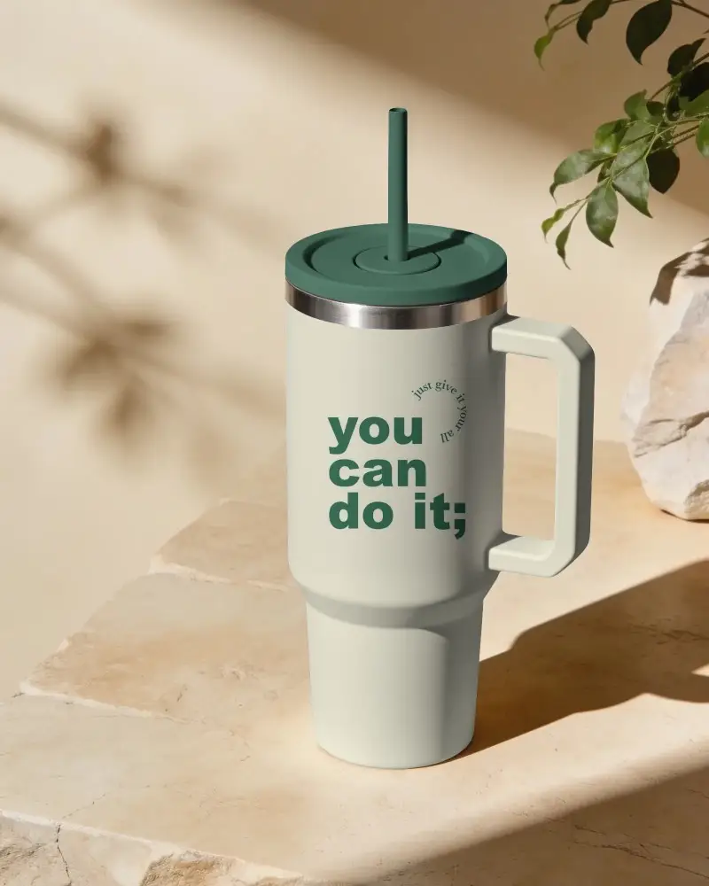 Insulated Travel Tumbler Mockup With Straw And Handle For Hot And Cold Beverages On The Go