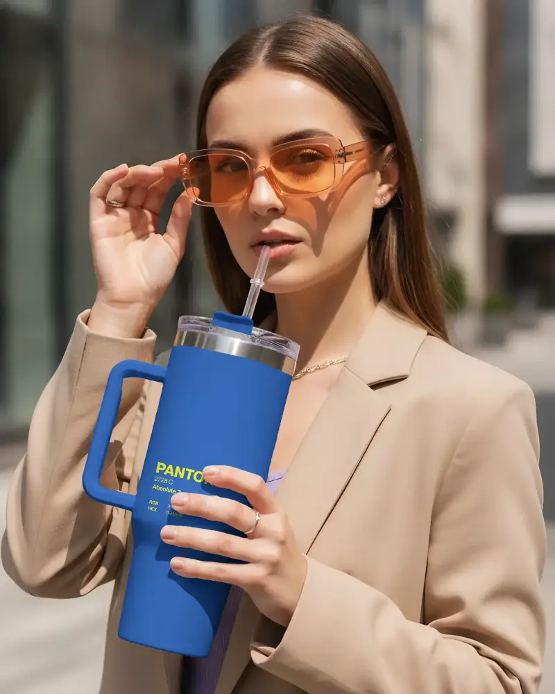 Insulated Tumbler Mockup With Handle And Clear Lid Perfect For Coffee Or Cold Drink Storage