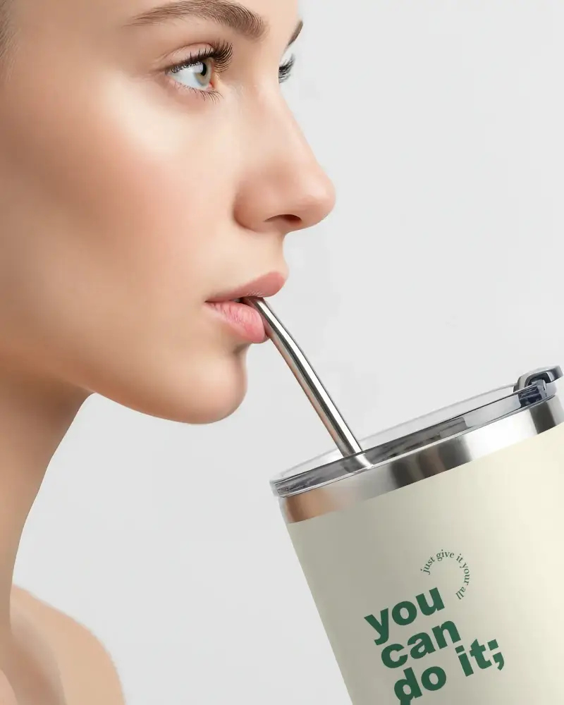 Woman Drinking From Stainless Steel Tumbler Mockup With Reusable Metal Straw Closeup Mockup