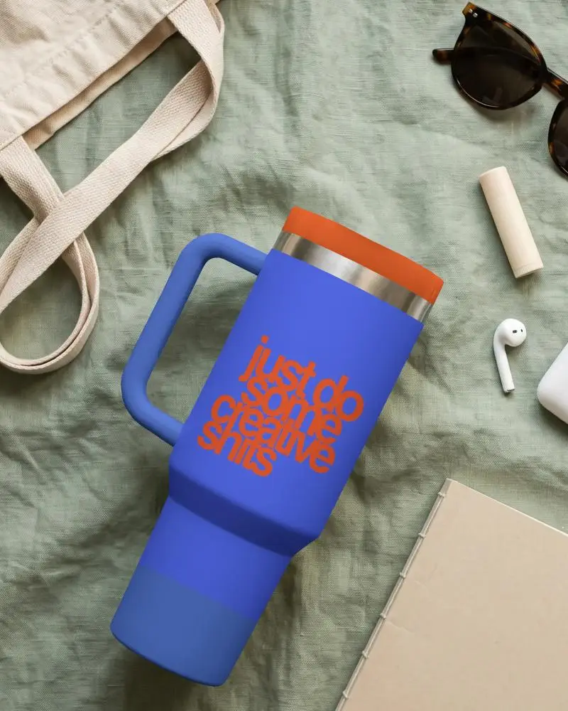 Insulated Tumbler Mockup With Handle Surrounded By Accessories For Cold And Hot Drinks
