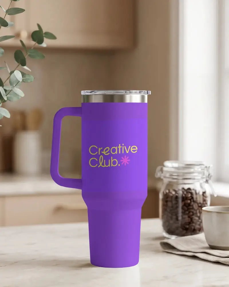 Travel Tumbler Mockup With Handle For Custom Logo Designs And Brand Presentation Use