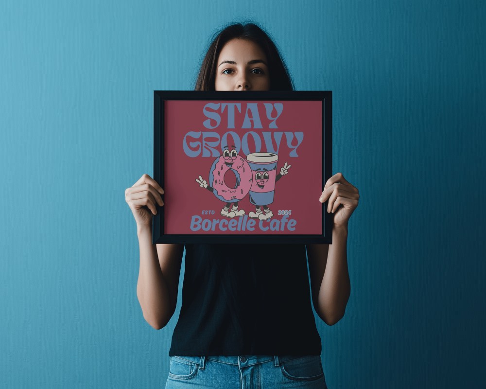 Modern Frame Mockup Held By Woman Black Frame Blue Background Clean Minimalist Style