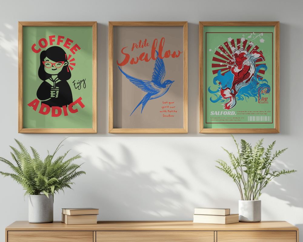 Sunlit Wooden Frame Mockup Three Frames On White Wall With Greenery And Books Minimalist Design