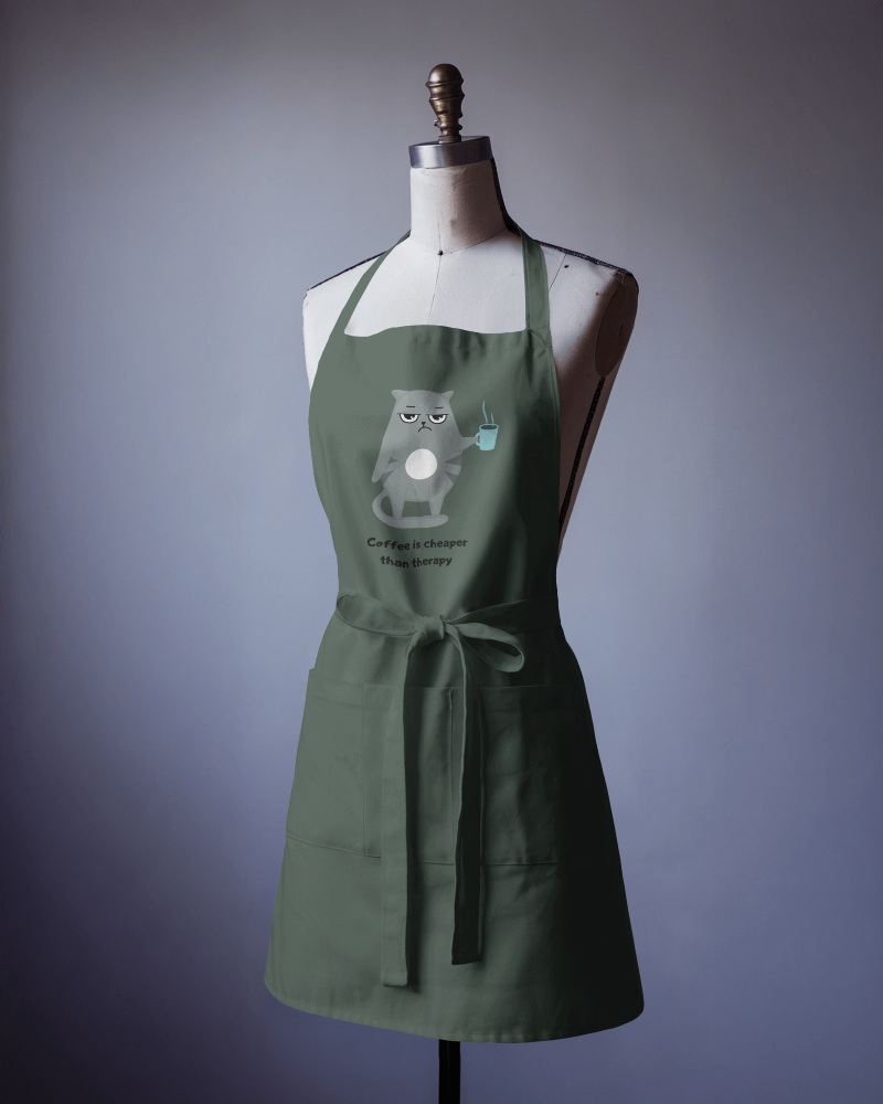 Mannequin Olive Green Apron Mockup Funny Cat With Coffee Mug