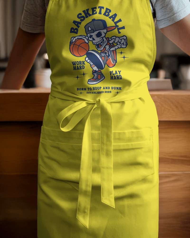 Eye Catching Basketball Apron Mockup Energetic Skull And Ball Graphic Sporty Kitchen Wear