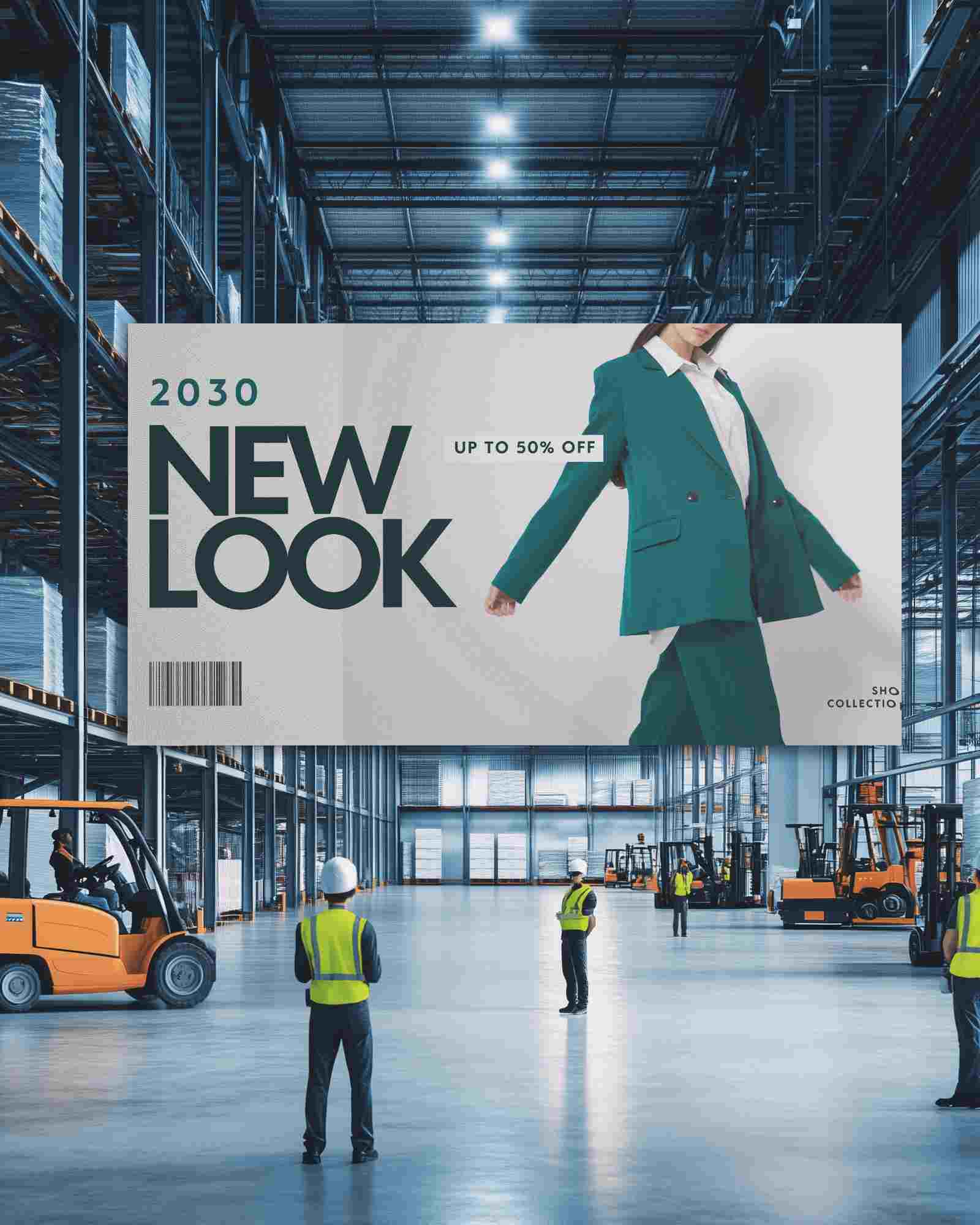 Large Industrial Warehouse Banner Mockup With Workers And Forklifts Perfect For Logistics And Safety Advertising