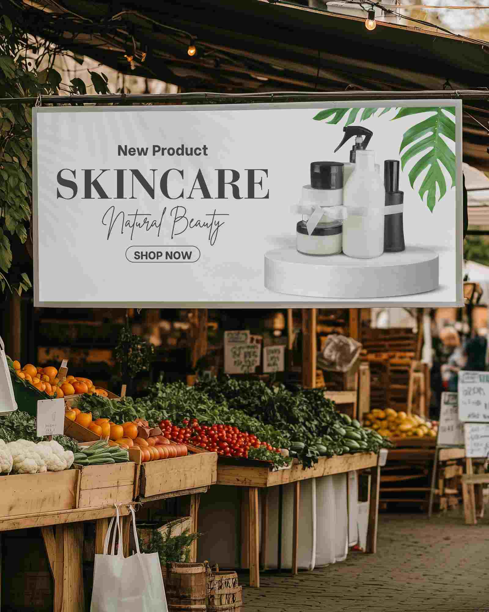 Farmers Market Banner Mockup Hanging Above Fresh Produce With Rustic Wooden Stalls And Cozy Ambient Lighting