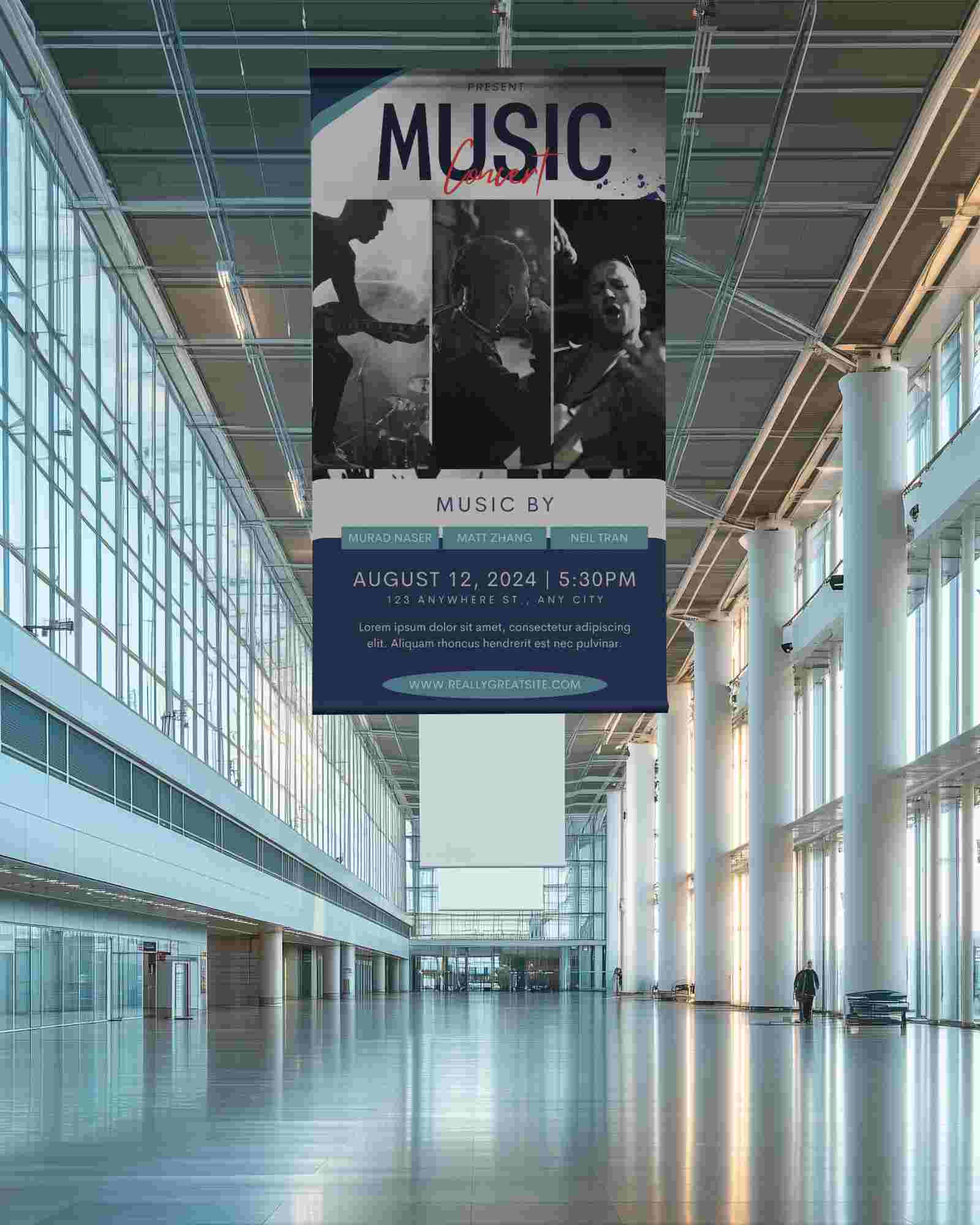Large Vertical Banner Mockup Hanging In Modern Glass Exhibition Hall Bright Industrial Space With Reflections And Depth