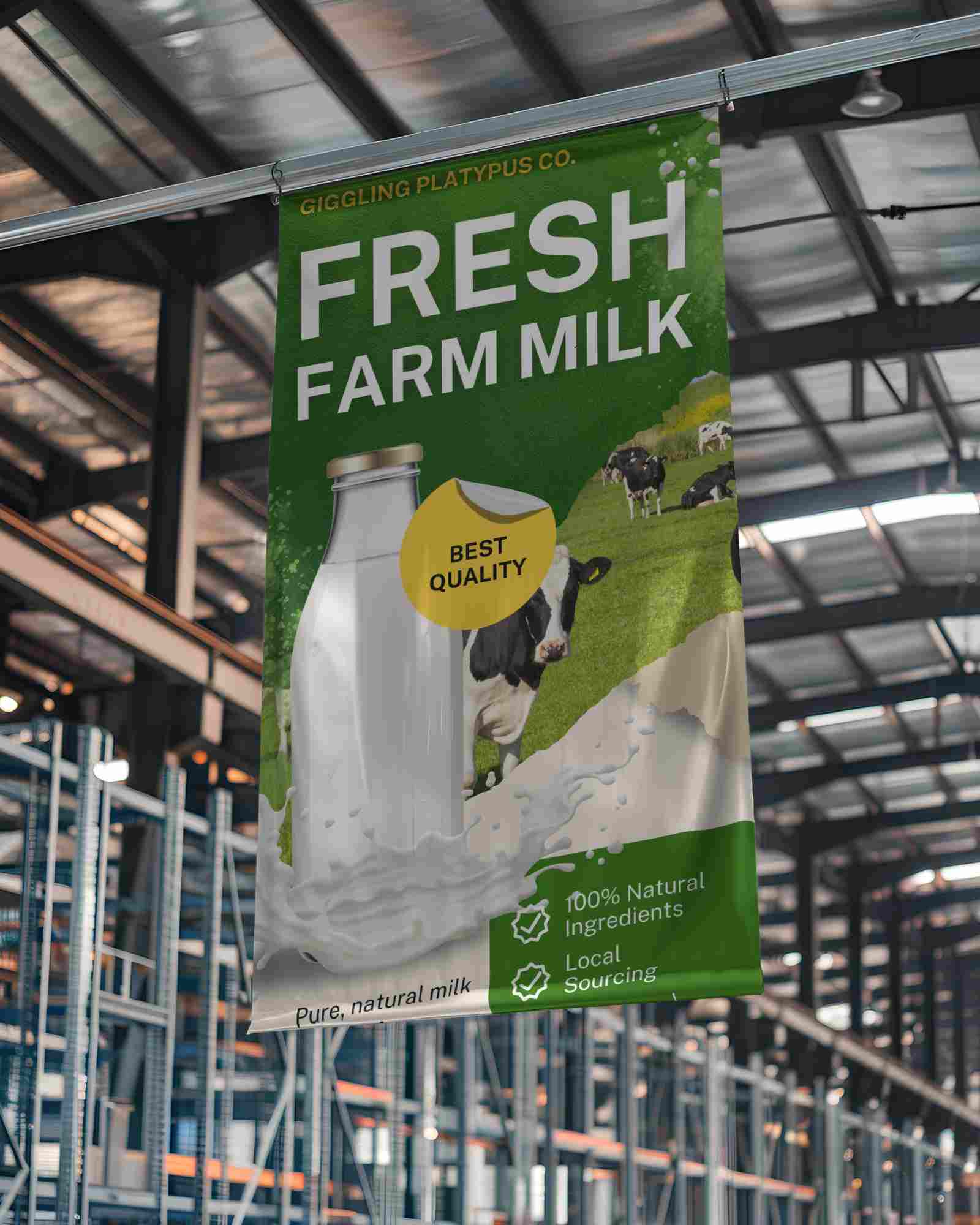 Industrial Warehouse Banner Mockup Hanging From Metal Beams With Shelves And Steel Structure Modern Logistics Environment