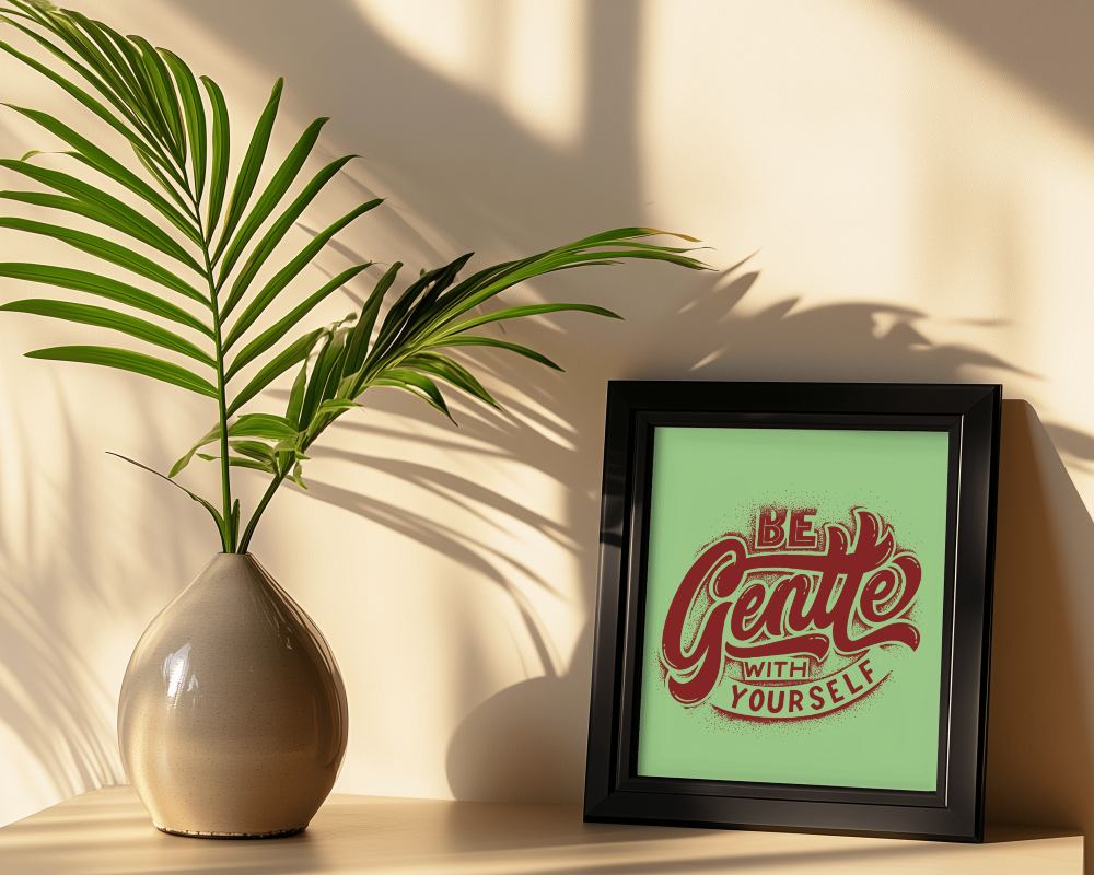 Black Photo Frame Mockup With Palm Plant In Sunlight